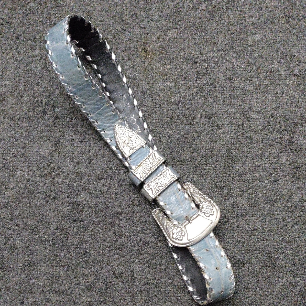 Leather Rock Denim Blue Leather Belt with Ornate Silver Buckle